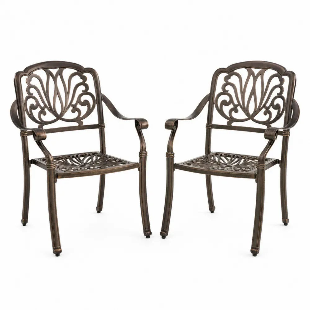 Garten Essstuhl 2er Set 62 x 58 x 89 cm gebogen Aluminiumguss bronzebraun schwarz mit Armlehnen