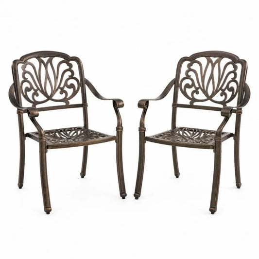 Garten Essstuhl 2er Set 62 x 58 x 89 cm gebogen Aluminiumguss bronzebraun schwarz mit Armlehnen