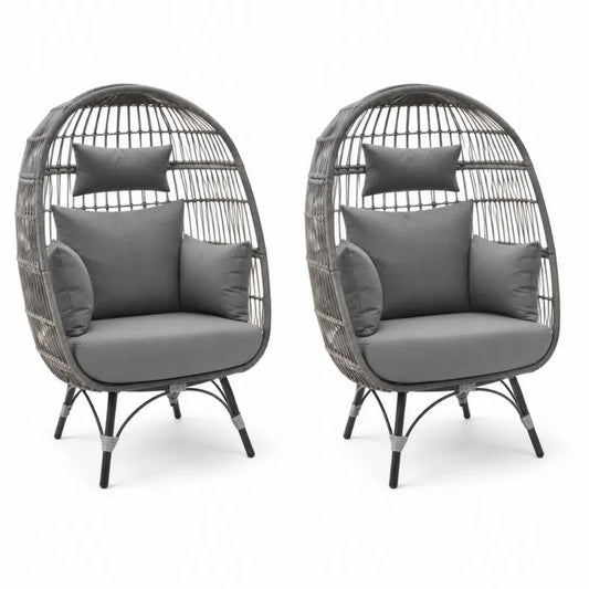 Garten-Eiersessel 2er-Set mit Kissen 90 x 82 x 150 cm PE-Rattan Stahl Polyester oval Grau Schwarz