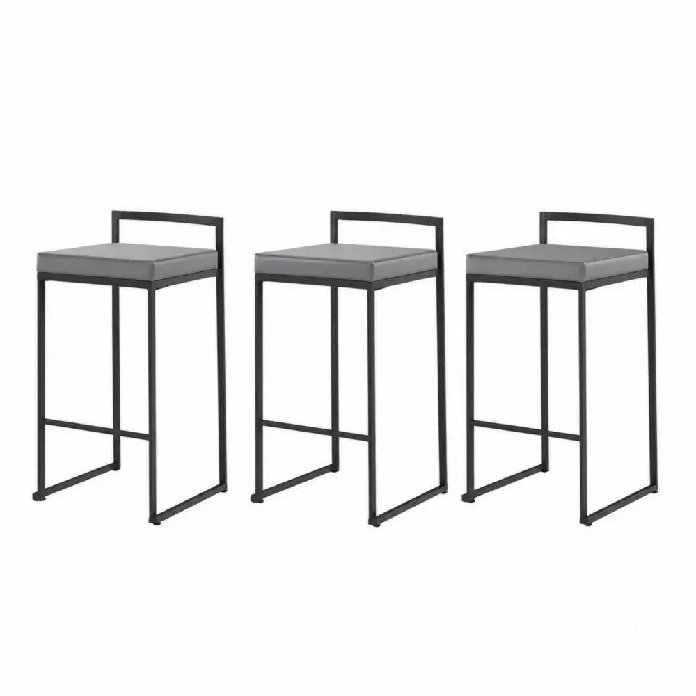 Barhocker 3er Set mit niedriger Rückenlehne und gepolstertem Sitz PU-Kunstleder Stahl Grau Schwarz je 40 x 45 x 95 cm