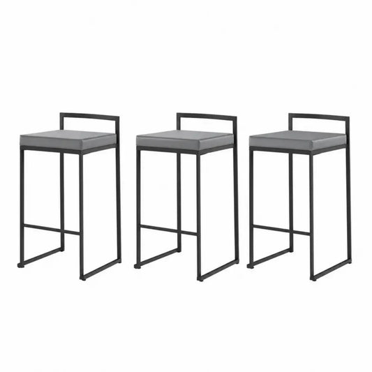 Barhocker 3er Set mit niedriger Rückenlehne und gepolstertem Sitz PU-Kunstleder Stahl Grau Schwarz je 40 x 45 x 95 cm