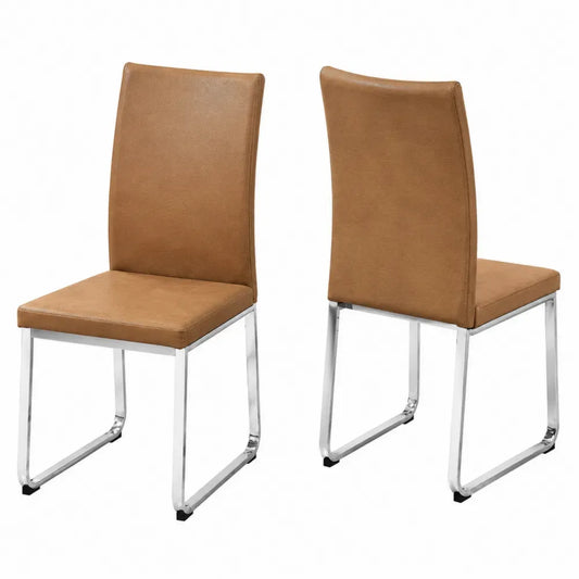 Esszimmerstühle 2er Set Freischwinger Polsterstühle ohne Armlehnen 43 x 56 x 98 cm PU-Kunstleder Polyurethanschaum verchromtes Stahlrohr Cognacbraun Silberfarben Schwarz