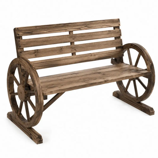 Gartenbank 2-Sitzer 120 x 58 x 85 cm rechteckig Kiefer-Massivholz Braun mit Wagenrad Armlehnen