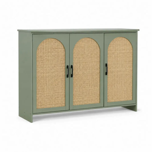 Sideboard Aufbewahrungsschrank mit 3 Türen 140 x 40 x 80 cm MDF Rattangeflecht rechteckig Salbeigrün Natur Schwarz