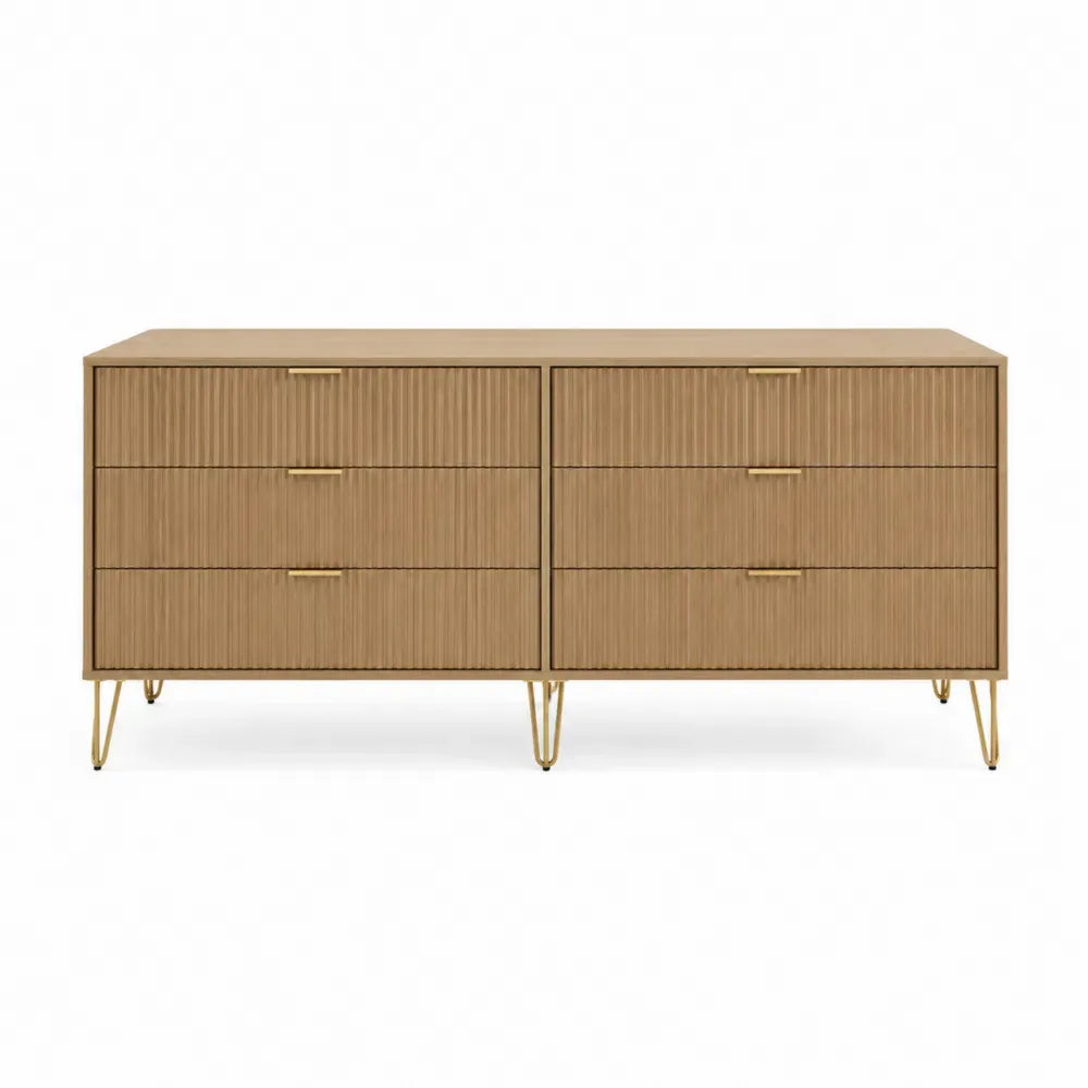 Kommode Sideboard mit 6 Schubladen rechteckig MDF mit Eichenfurnier Stahl Eiche natur Goldfarben 150 x 40 x 80 cm