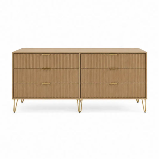 Kommode Sideboard mit 6 Schubladen rechteckig MDF mit Eichenfurnier Stahl Eiche natur Goldfarben 150 x 40 x 80 cm