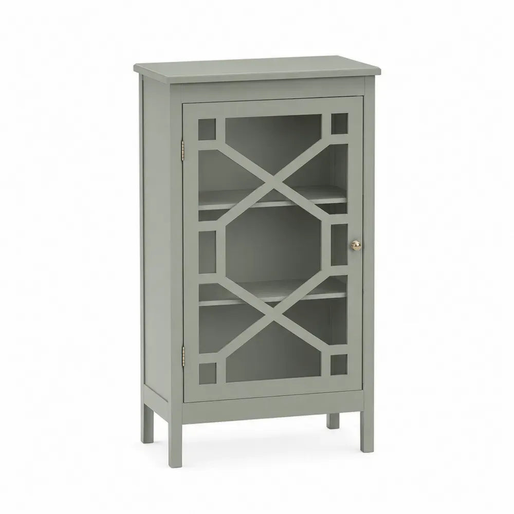 Aufbewahrungsschrank Vitrinenschrank mit Glastür lackierte MDF Platte gehärtetes Glas rechteckig Salbeigrün Gold Transparent 60 x 35 x 100 cm