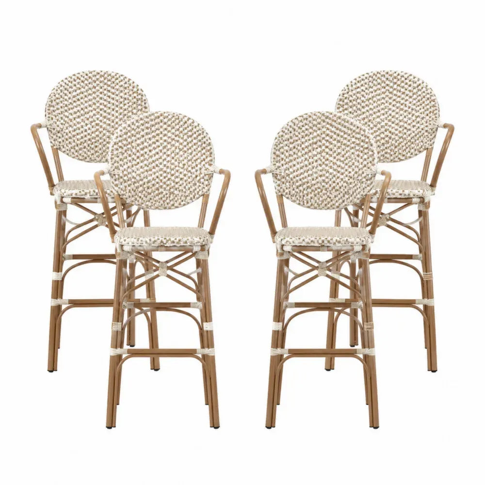 Barstühle 4er Set mit Armlehnen und runder Rückenlehne 56 x 60 x 118 cm Polyethylen-Rattan und pulverbeschichtetes Aluminium Beige Natur Braun Schwarz