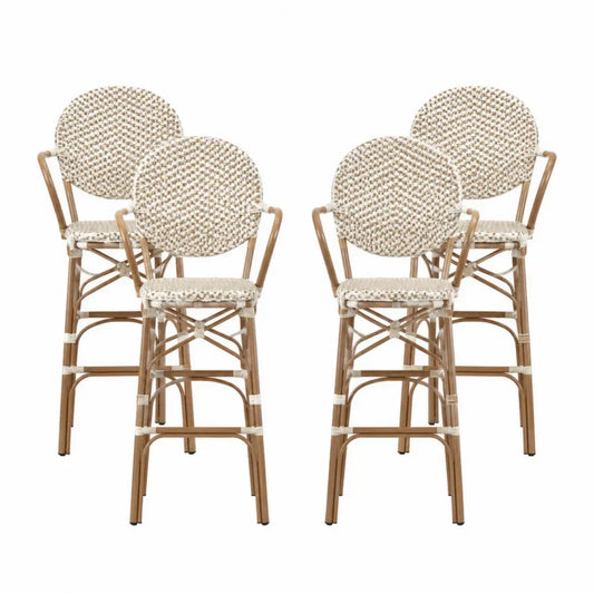 Barstühle 4er Set mit Armlehnen und runder Rückenlehne 56 x 60 x 118 cm Polyethylen-Rattan und pulverbeschichtetes Aluminium Beige Natur Braun Schwarz
