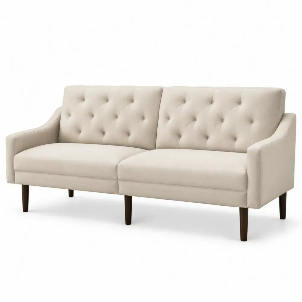 2-Sitzer Sofa mit Armlehnen und Knopfheftung 178 x 80 x 83 cm Polyestergewebe Sperrholzrahmen Gummibaumholzbeine rechteckig Creme Dunkelbraun