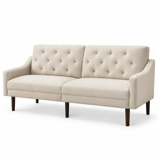 2-Sitzer Sofa mit Armlehnen und Knopfheftung 178 x 80 x 83 cm Polyestergewebe Sperrholzrahmen Gummibaumholzbeine rechteckig Creme Dunkelbraun