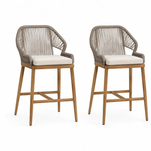 Barstühle 2er Set mit Armlehnen rechteckiger Sitzfläche Akazienmassivholz Polyesterseil Polyestergewebe Naturbraun Taupe Beige je 58 x 57 x 105 cm
