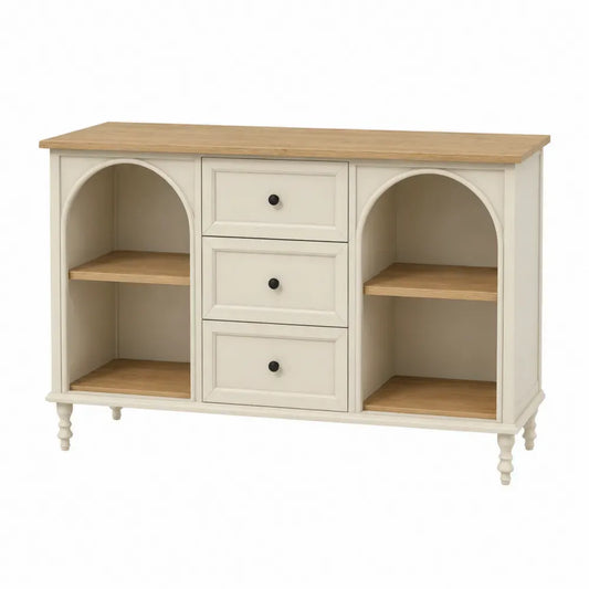 Sideboard Aufbewahrungsschrank mit 3 Schubladen und offenen Bogenfächern 120 x 38 x 85 cm MDF Kiefernmassivholz rechteckig Cremeweiß Natur Schwarz