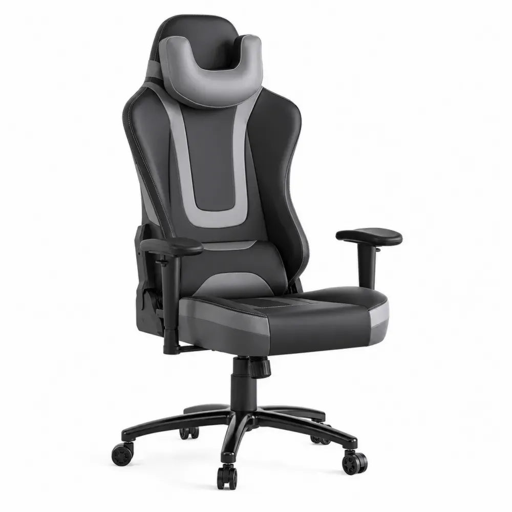 Gamingstuhl Bürostuhl höhenverstellbar mit Kopfkissen Armlehnen und Rollen PU-Kunstleder Stahl Schwarz Grau 68 x 70 x 122 bis 132 cm