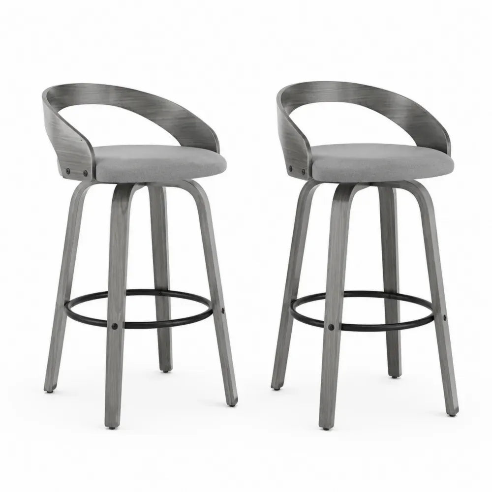Barhocker 2er Set mit halbkreisförmiger Rückenlehne 52 x 52 x 96 cm Polyestergewebe Polyurethanschaum Kautschukbaumholz Sperrholz Grau Schwarz