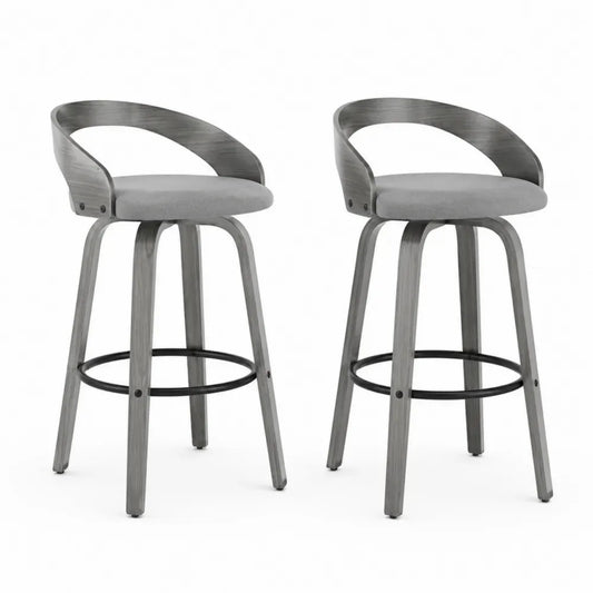 Barhocker 2er Set mit halbkreisförmiger Rückenlehne 52 x 52 x 96 cm Polyestergewebe Polyurethanschaum Kautschukbaumholz Sperrholz Grau Schwarz