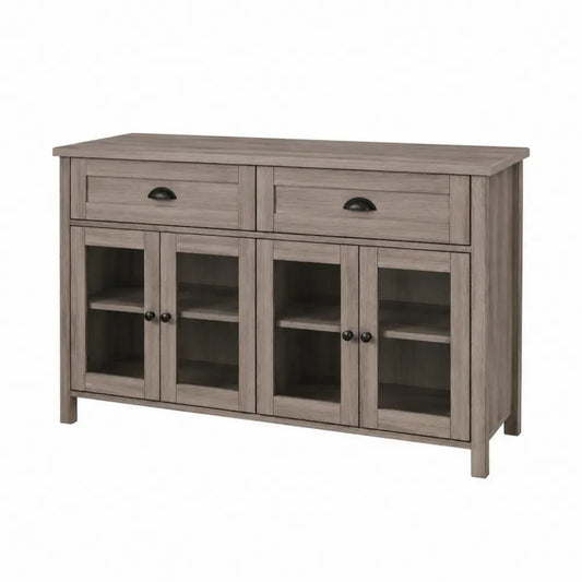 Sideboard mit 2 Schubladen und 4 Glastüren 120 x 40 x 85 cm melaminbeschichtete Spanplatte MDF und gehärtetes Glas rechteckig Eiche grau Schwarz Transparent