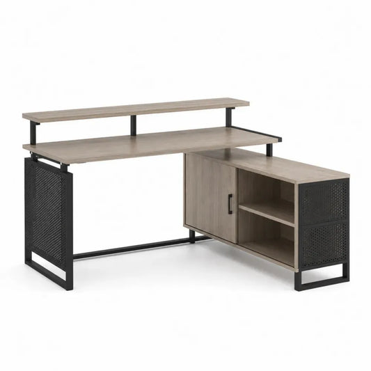 Winkelschreibtisch mit Regal und Stauraum 140 x 120 x 88 cm melaminbeschichtete Spanplatte und pulverbeschichteter Stahl L-förmig Eiche Grau Schwarz