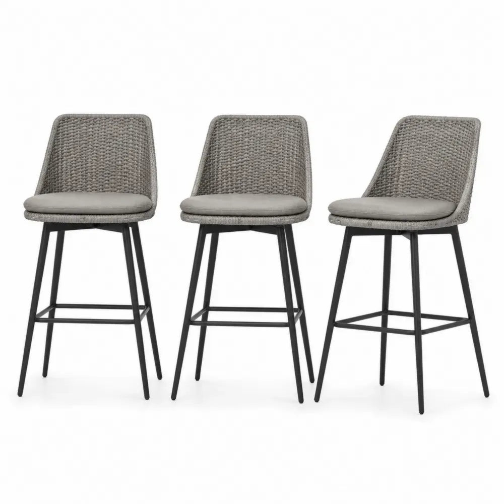 Barhocker 3er Set mit Rückenlehne Sitzkissen und Fußstrebe 50 x 54 x 103 cm Polyethylen-Rattan Polyestergewebe pulverbeschichteter Stahl Grau Schwarz