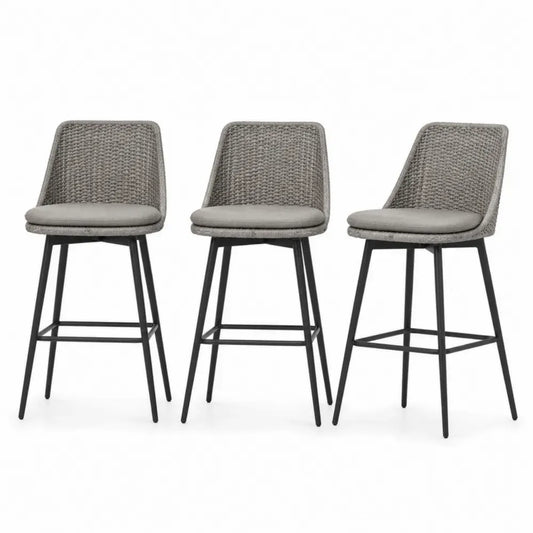Barhocker 3er Set mit Rückenlehne Sitzkissen und Fußstrebe 50 x 54 x 103 cm Polyethylen-Rattan Polyestergewebe pulverbeschichteter Stahl Grau Schwarz