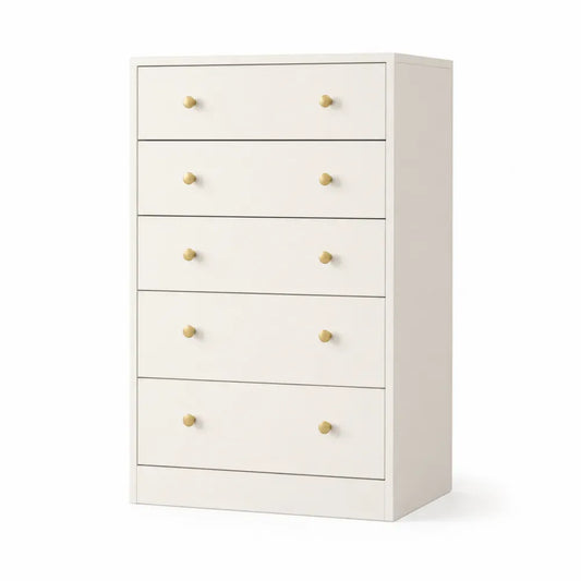 Kommode Schubladenschrank mit 5 Schubladen rechteckig aus MDF und Spanplatte Creme Goldfarben 80 x 40 x 120 cm
