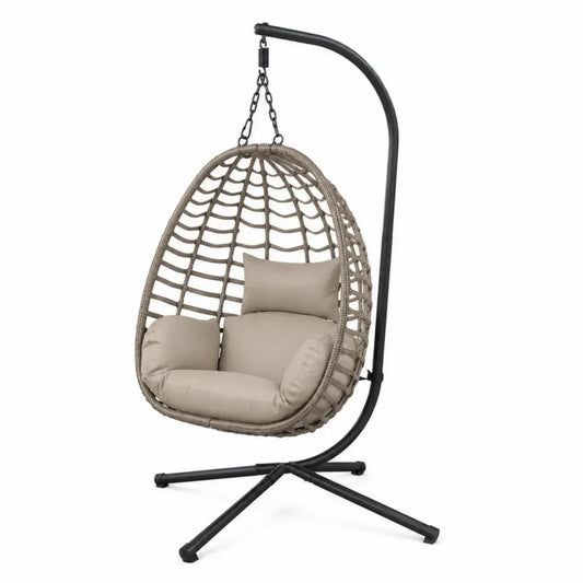 Hängesessel mit Gestell 1-Sitzer eiförmig 100 x 95 x 195 cm PE-Rattan Stahl Polyester Beigegrau Beige Schwarz
