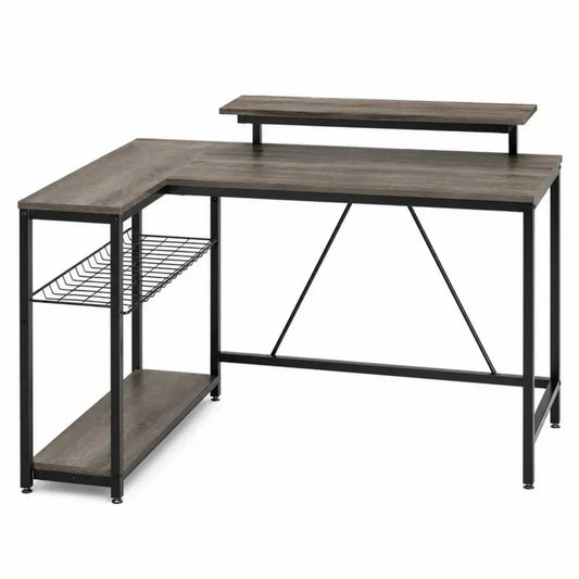 Eckschreibtisch Computertisch mit Monitorablage Drahtkorb und Regal L Form aus melaminbeschichteter Spanplatte und Stahl Dunkelbraun Schwarz 145 x 110 x 88 cm