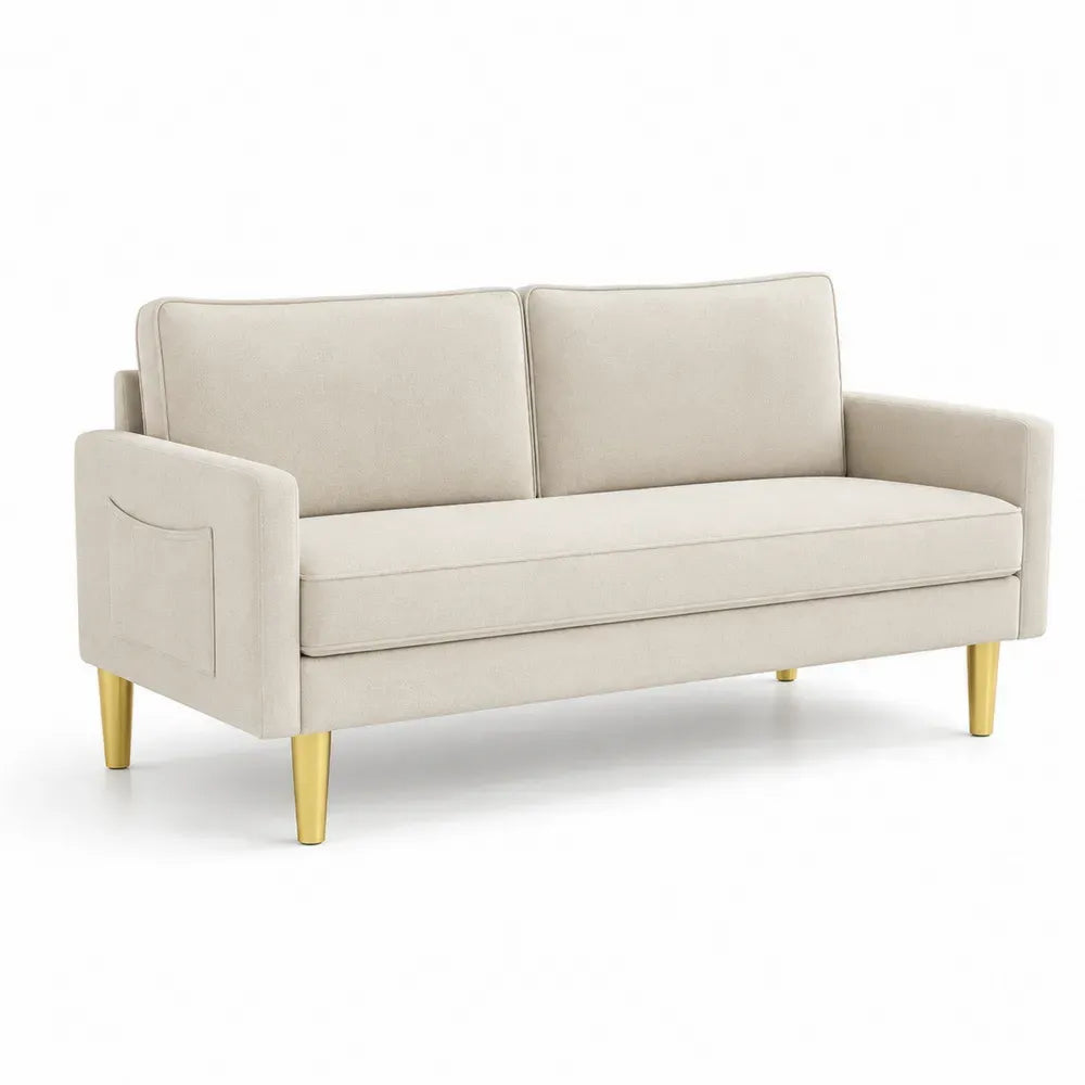 Sofa 3-Sitzer mit Armlehnen Polyestergewebe PU Schaum Stahlbeine rechteckig Beige Gold 180 x 80 x 84 cm