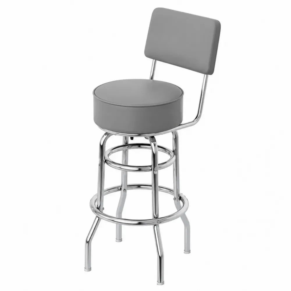 Barhocker mit Rückenlehne runder Sitz PU Kunstleder verchromter Stahl Grau Silber 46 x 49 x 110 cm Sitzhöhe 75 cm