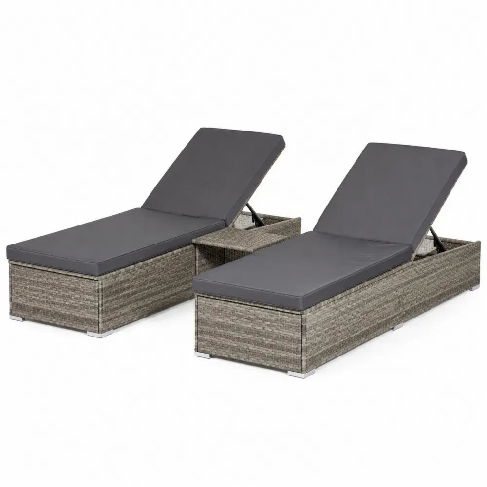 Gartenliege Sonnenliege 2er Set mit Beistelltisch 200 x 70 x 92 cm rechteckig PE-Rattan Stahl Polyester beigegrau anthrazit schwarz silberfarben